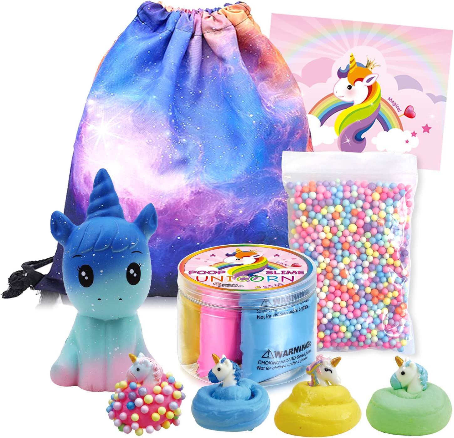 Unicorn Gift Set - Unicorn Squishy, Unicorn Slime, Unicorn Drawstring Backpack, Unicorn Card - Unicorn Gifts for Girls (Unicorn Galaxy)