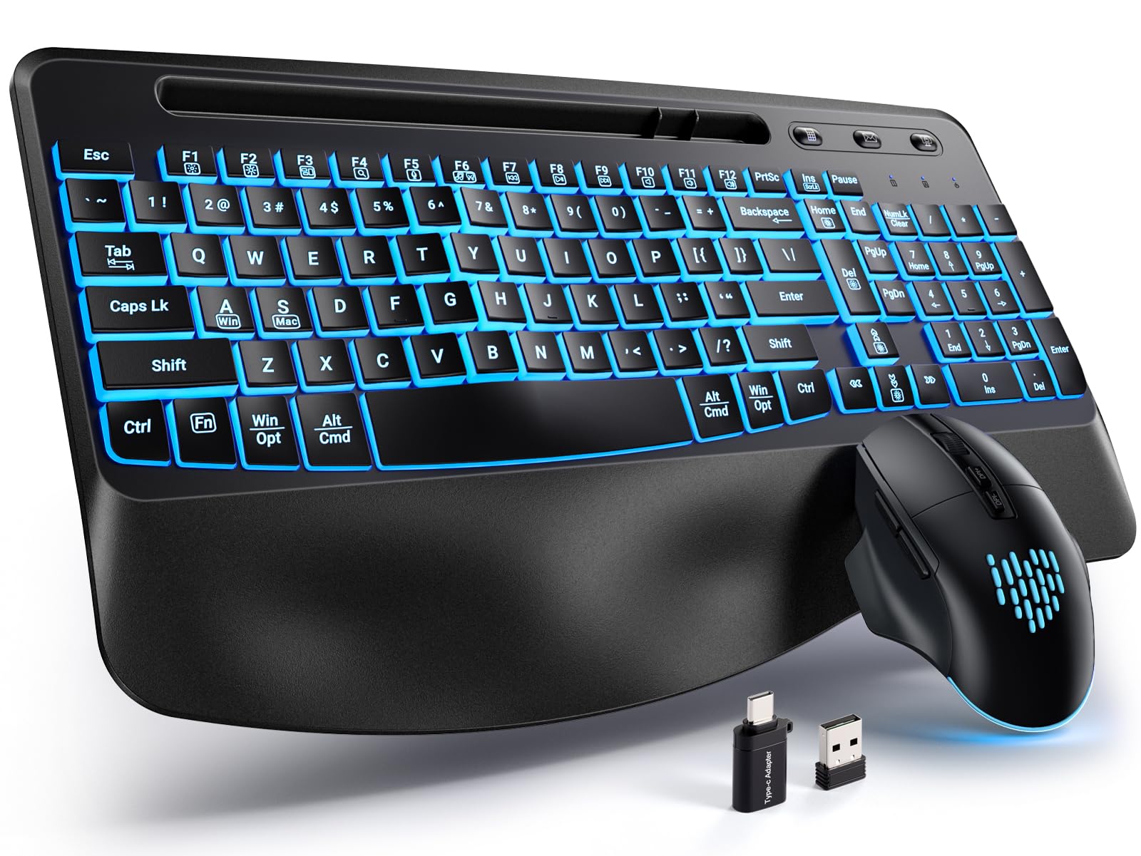 Photo 1 of Hamile Wireless Keyboard and Mouse Combo : Ergonomic Wave Keys for Natural Typing, Full Size Keyboards with Wrist Rest, Quiet Backlit Mice,Phone Holder, 2.4G Set for Computer/Laptop/Mac/Windows, Black