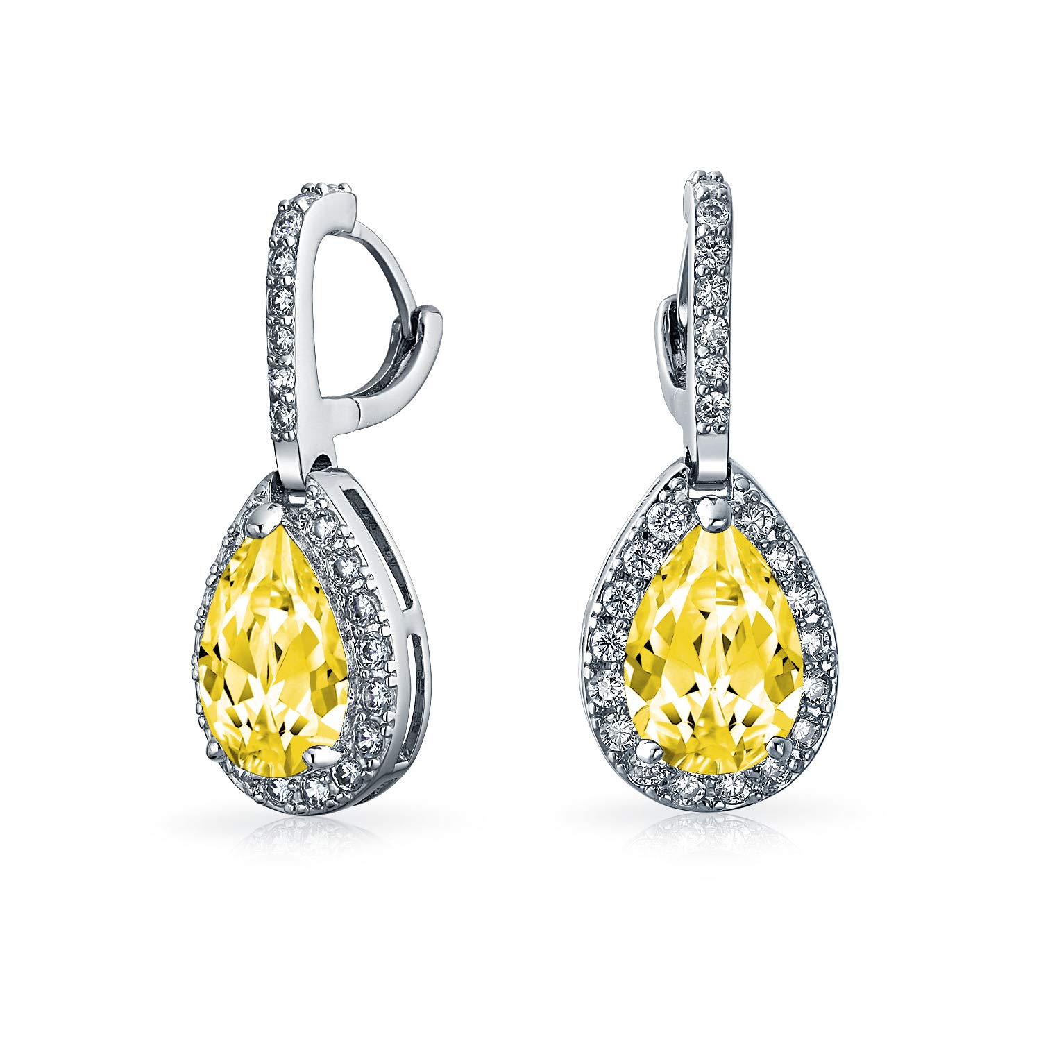 Vintage Style Halo Canary Yellow Cubic Zirconia AAA CZ Fashion Formal Huggie Snap Hinge Dangle Drop Teardrop Earrings For Women Prom Bridesmaid Wedding Silver Plated — image 1