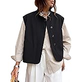 Watashi Women's Stand Collar Cotton Vest Casual Button Up Oversized Sleeveless Waistcoat for Fall Spring Layering Cardigan