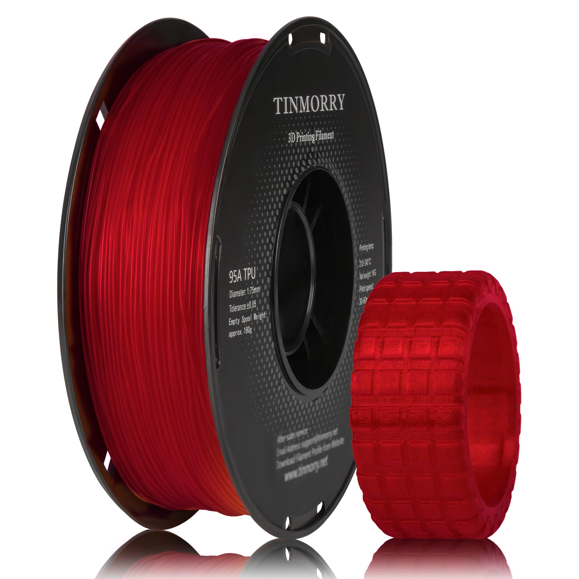 Filament TPU 1.75 mm, TINMORRY TPU Filament 3D Printing Materials for 3D Printer, 1 KG, 1 Spool, Trans-red