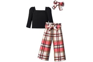 Ribabz Girl Clothes, Toddler Girl Clothes Square Neck Puff Long Sleeve Top Striped Pants Headband 3Pcs Fall Clothes Set