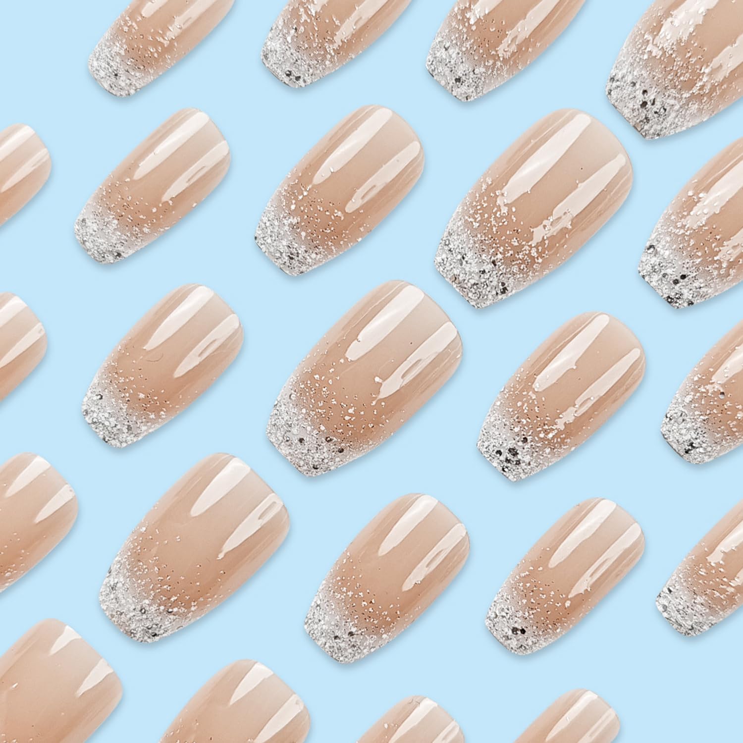 White Glitter French Tip Press On Nails - Medium Square Fake Nails with Glossy Gradient Design, Silver Glitter Sparkly Design, Reusable Stick On Nails, 24 Pcs - Image 3