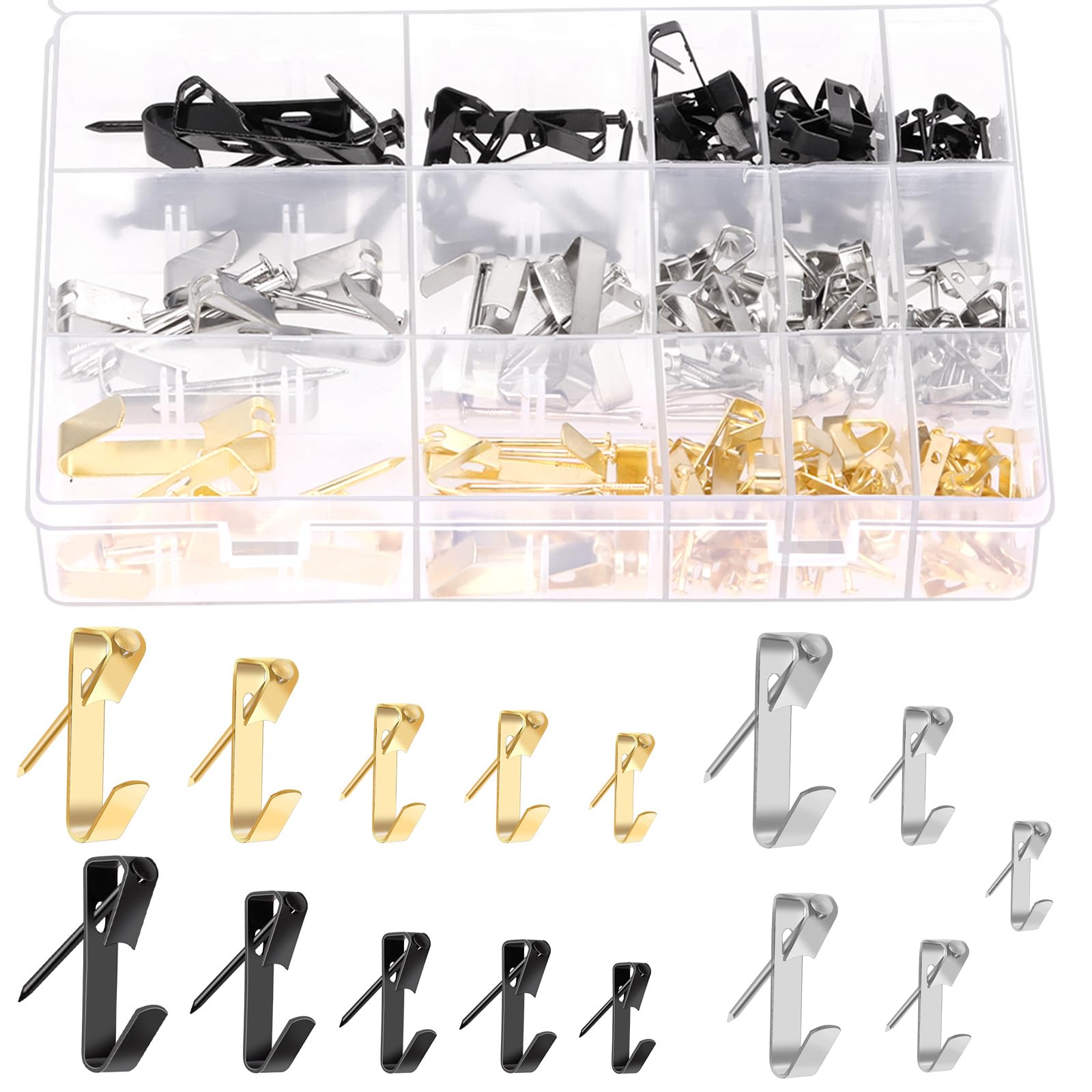 Swpeet 120Pcs 5 Sizes 10lb/20lb/30lb/50lb/100lb Picture Hangers with Nails Assortment Kit, Metal Picture Hanging Hooks, Heavy Duty Frame Picture Hooks, Picture Hanging Hardware for Drywall Wooden Wall