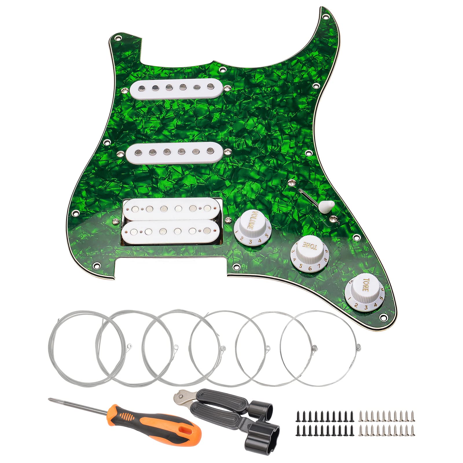 Unxuey SSH Loaded Prewired Pickguard Set, 11 Hole Loaded Guitar Pickguard Scratchplate Pickups with Strings+ Repair Tool, for Fender Stratocaster Electric Guitar (Green)