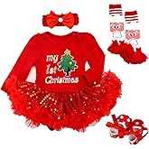 Kunyeah Baby Girls First Christmas Outfit Newborn Romper Tutu Dress Infant Sequin Xmas Skirt with Shoes Headband Leg Warmer