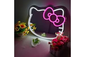 THIIXDAI Hello Kit Mirror with Light Neon Signs for Room Decor, USB Powered Cute Cat LED Lights, Teen Girl Best Gift, Makeup 