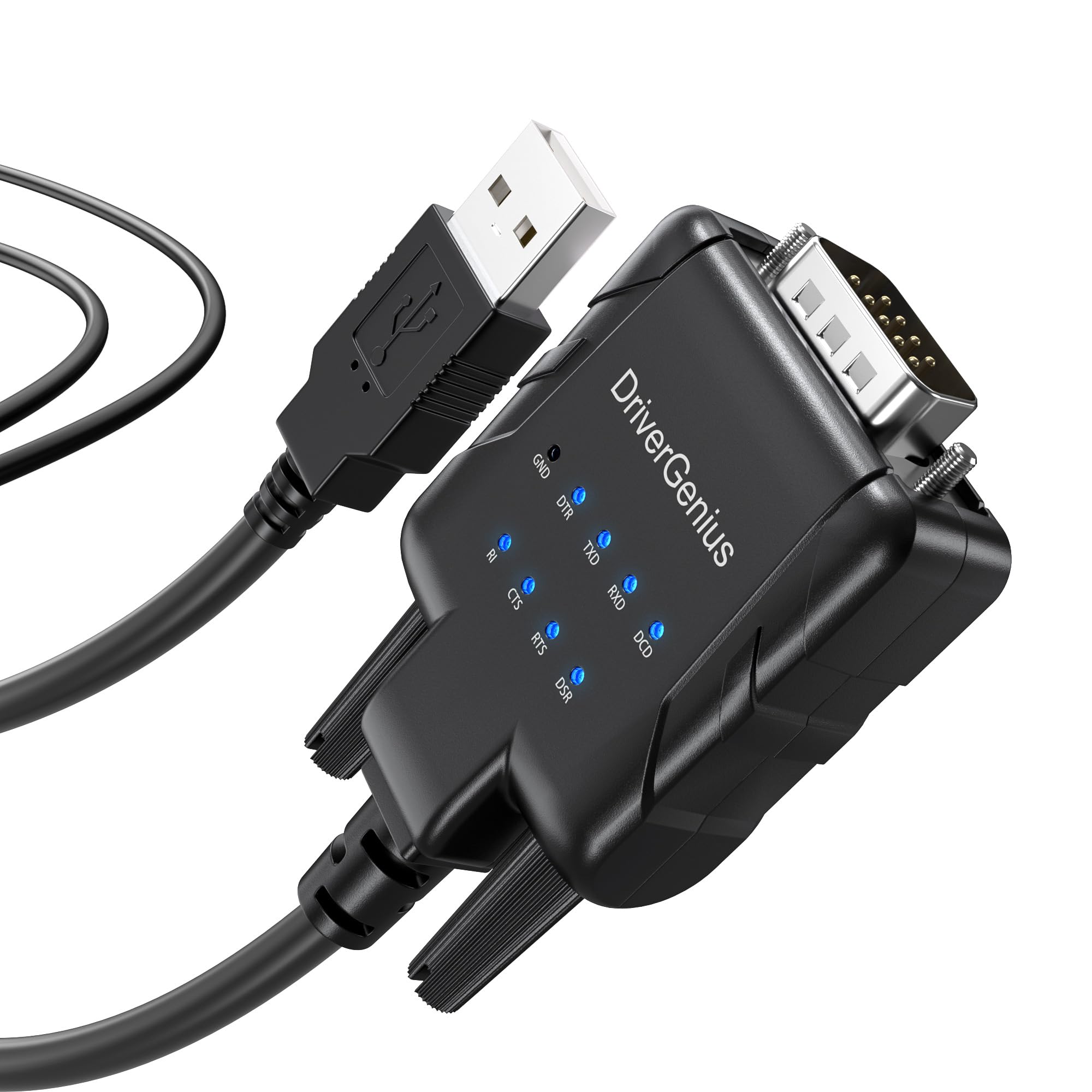 Photo 1 of DriverGenius USB to Serial RS232 DB9 Adapter Cable with 9 x LED Indicators - Prolific PL2303 - Compatible with Windows 11, macOS Sequoia 15.1.1, Linux (USB232A-E-A, 3ft/1m)