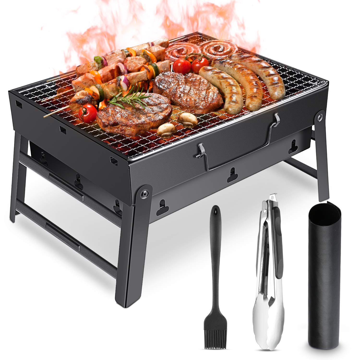 RenFox Barbecue Grill, Portable Charcoal Barbecue Grill With Tools Set BBQ Table Camping Outdoor Garden Grill BBQ Utensil (Barbecue Tongs, Basting Brush, BBQ Grill Mat included)