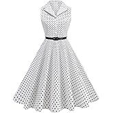 Women's 1950s Retro Polka Dot Vintage Dress Sleeveless Cocktail Prom Swing Midi Belt Dresses Notched Lapel