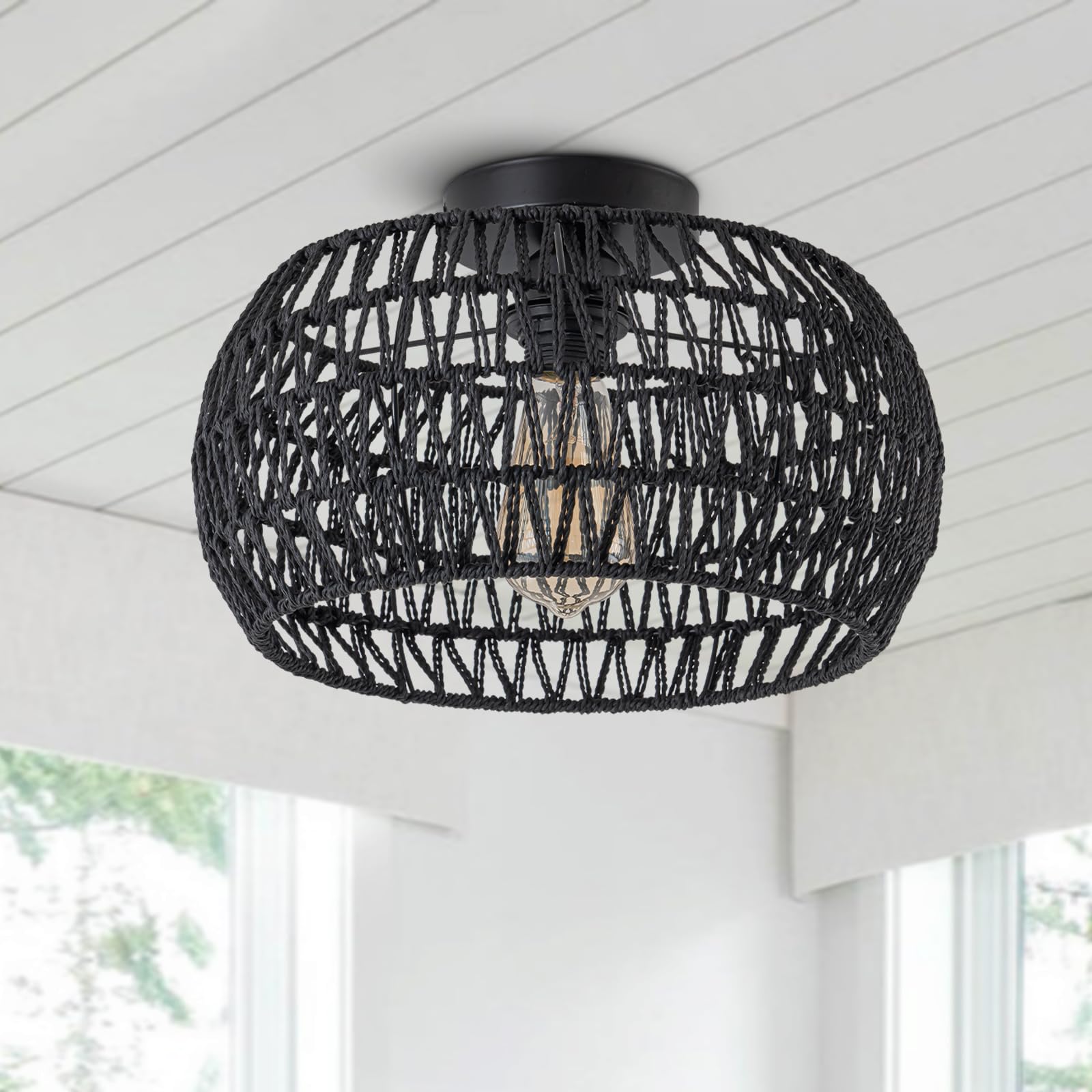 Photo 1 of **MISSING ASSEMBLY PIECES** OCWHT Boho Ceiling Lights Fixtures Black Rattan Chandelier Light Small Rattan Flush Mount Ceiling Lighting Hand-Woven Chandelier for Nursery Light Fixture Kitchen Bedroom Hallway