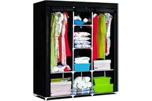 MKSY 50 Inch Portable Closet, Closet Wardrobe Storage Organizer with 8 Shelves, Cover and Side Pockets for Hanging Clothes, Dust-Proof Non-Woven Fabric, Easy Assembly (Black)
