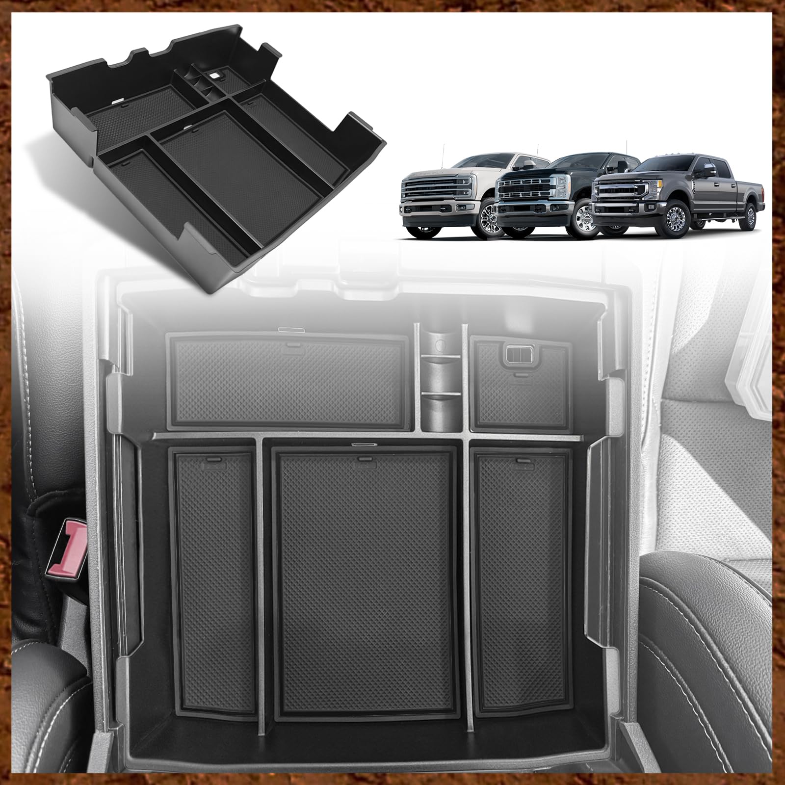 Photo 1 of Muslogy Center Console Organizer for 2023-2025 2026 Ford F250 F350 F450 Super Duty Accessories Custom Fit Storage Box Divider(Fit with OEM Tray), Fits Bucket Seats Only, Not for Work Surface (Black)