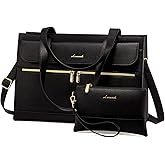 LOVEVOOK Laptop Tote for Women - 15.6 Inch Professional PU Leather Computer Briefcase, Waterproof Handbag, Large Capacity Business Teacher Office Bag, Crossbody Purse - Black