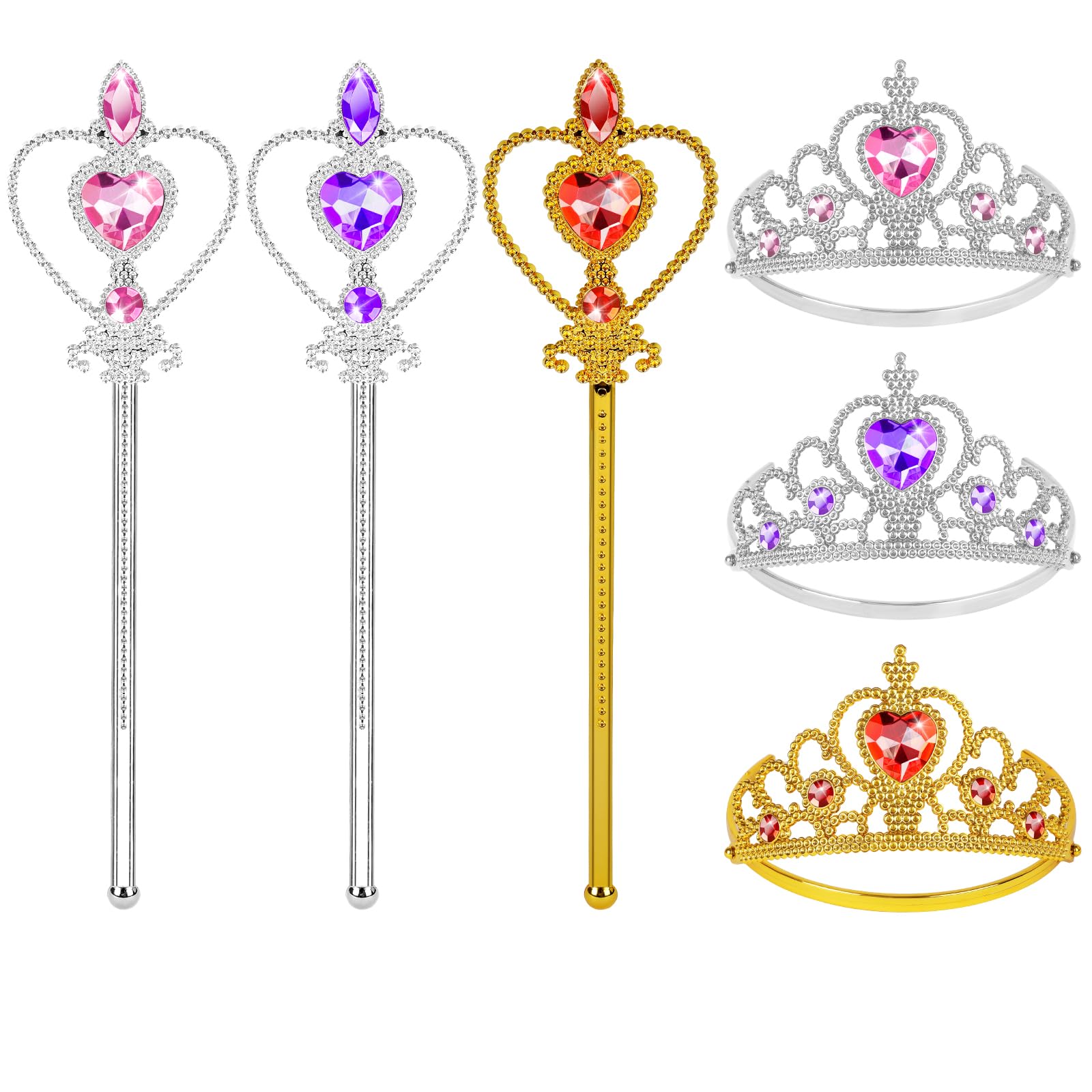 Aolso Elsa Dress Up Accessories Set, 6 PCS Princess Dress-up Party Accessories - Magic Wand and Tiara Crown, Princess Dress Up for Girls Birthday Party and Halloween Cosplay (Yellow/Pink/Purple)