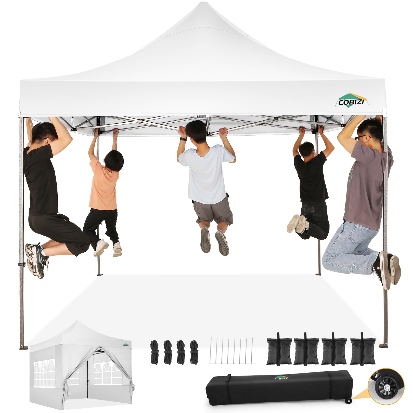 Photo 1 of **The description and photo is only to the reference**COBIZI 10x10 Pop Up Canopy Tent with 4 sidewalls Commercial Heavy Duty Canopy UPF 50+ All Weather Waterproof Outdoor Canopy Wedding Tents for Parties Gazebo with Roller Bag, White (Windproof Upgraded)