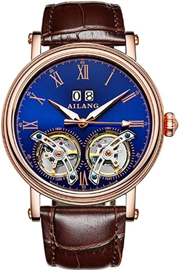 Ailang 2017 Luxury Brand Watches Automatic Mechanical Mens Watch Tourbillon Waterproof Double Calendar Blue Leather