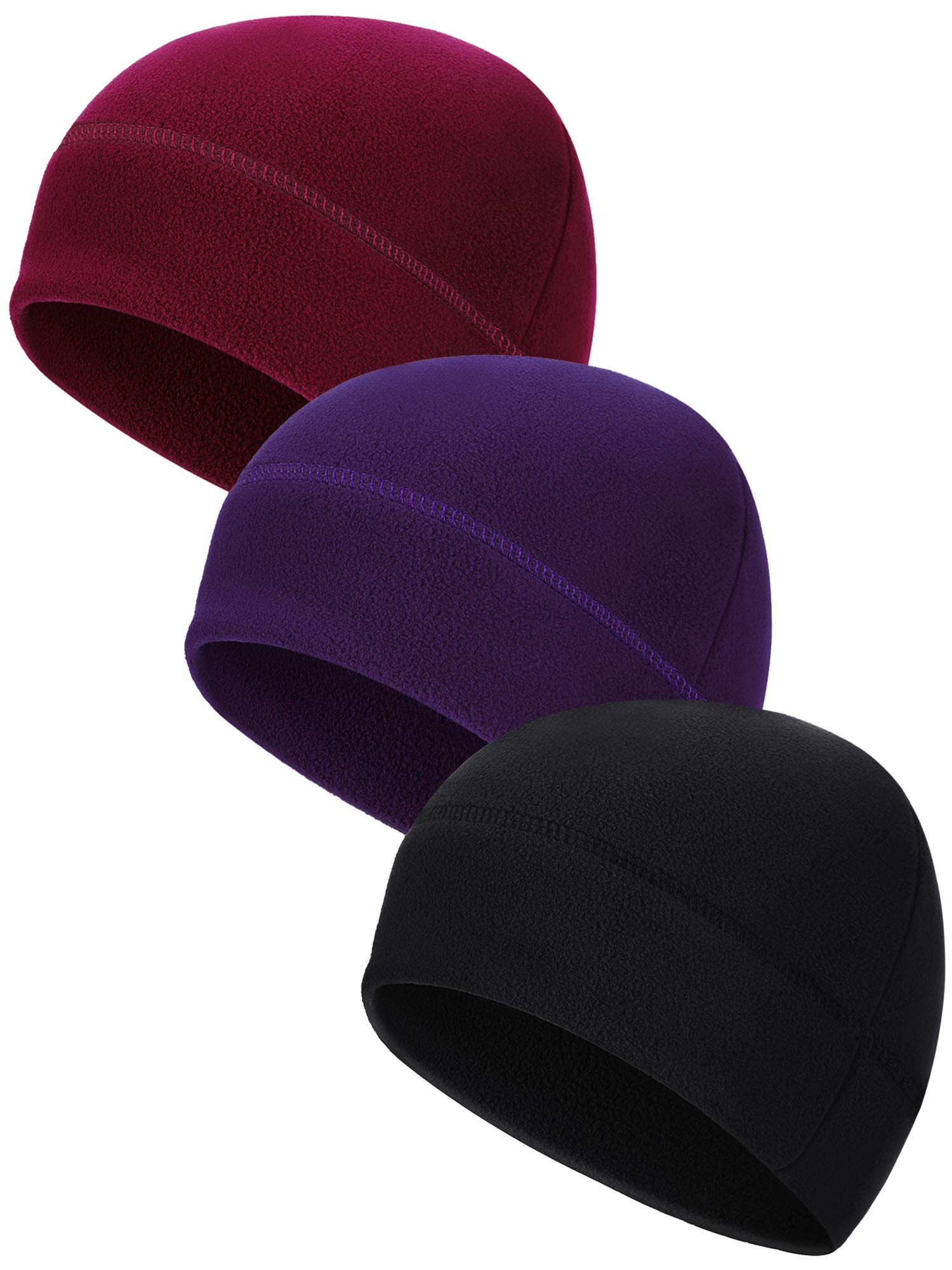3 Pieces Winter Warm Skull Cap Soft Fleece Beanie Hat Thick Windproof Watch Cap Skiing Outdoor Warm Colored for Men Women, Black, Dark Red, Dark Purple, One Size