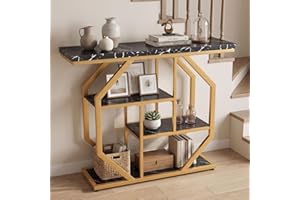 GOFLAME Gold Console Table with Storage, 40” Narrow Long Behind Couch Sofa Table with Black Faux Marble Top, Geometric Frame,