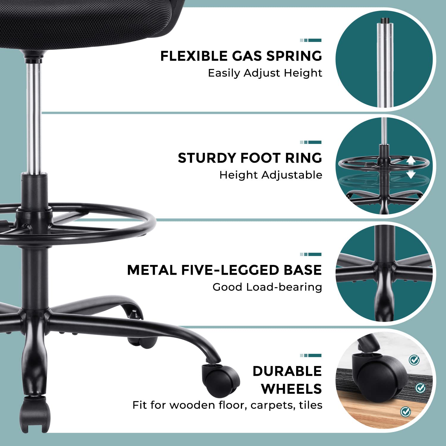 SMUG Adjustable Counter Height Office Chair, Black, Mesh