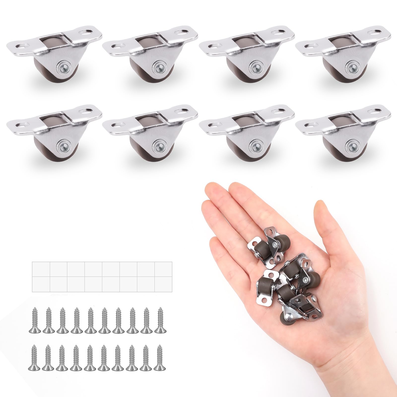 8Pcs 0.5 Inch Mini Caster Wheels, Single Direction Low Profile Tiny Wheels, Self-Adhesive Rubber Rolling Wheels with Metal Top for Small Appliances, Furniture