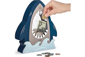 Wooden Shark Piggy Bank for Kids Boys, Creative Money Box with Clear Window in Mouth, Cute Ocean Nursery Bedroom Decor & Birt
