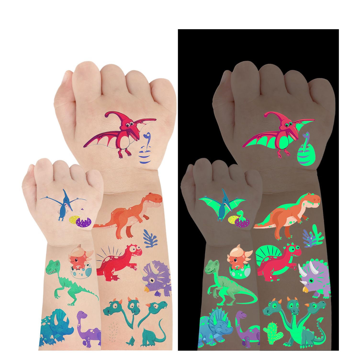 AIRNOGO TattoosKids 12 Sheets Dinosaur Temporary TattoosKids Glow in the Dark Fake Tattoos Waterproof & Skin Friendly Kids Tattoos Sticker Kit Kids Flash Make Up Tattoos Party Bag FillersKids