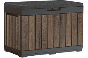 Keter Signature Everwood 50 Gallon Resin Deck Box-Organization and Storage for Patio Cushions, Throw Pillows and Garden Tools, Walnut