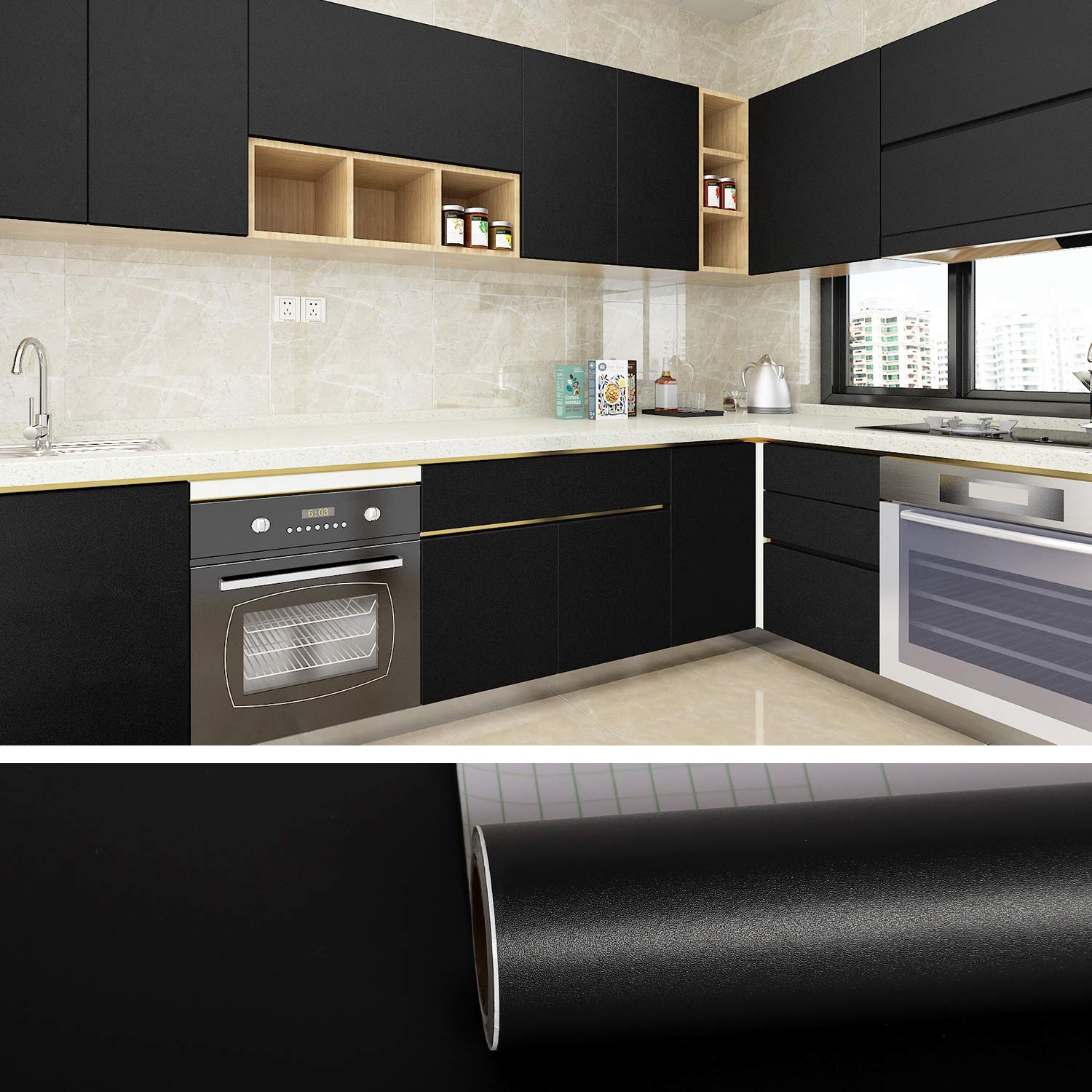 VEELIKE Matt Black Wallpaper Peel and Stick Removable Waterproof Wall Paper Self Adhesive Wall Sticker Vinyl Wrap Worktop Covering for Cupboards Cabinet Countertop Sticky Back Plastic 40cm x 600cm