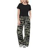 Arshiner Girls 2 Piece Outfits Short Sleeve Ruched Drawstring Crewneck Tops and Wide Leg Pants with Pockets Clothing Sets