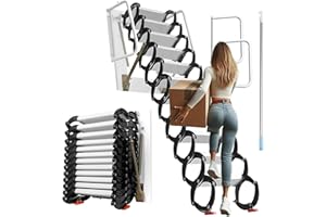 KWCWB 12 Steps Wall-Mounted Attic Ladder,Folding Stairs with Handrails,Maximum Load Capacity 880 Lbs,Attic Ladder Pull Down System-Suitable for Attics, Garages, Roofs, Basements