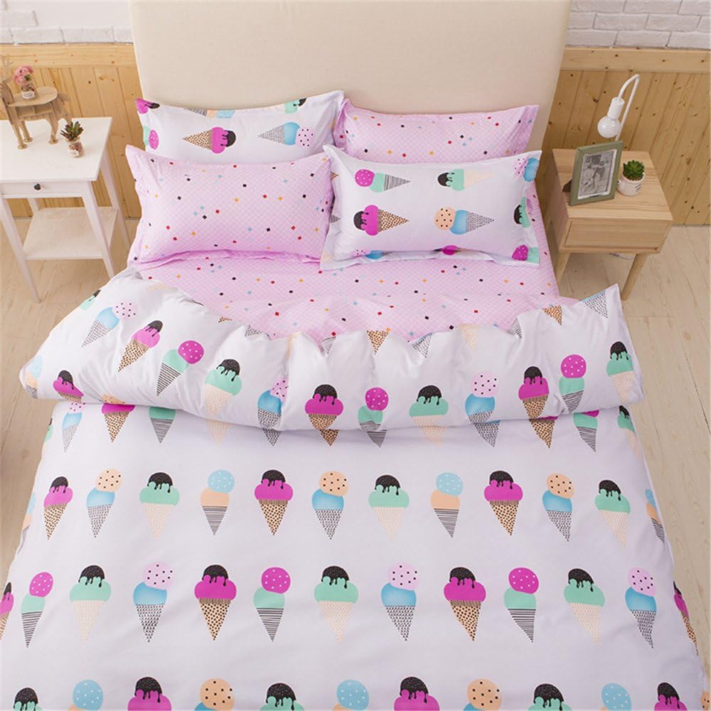 Queen Duvet Cover Lightweight Microfiber Bedding Set Pink,Reversible Ice Cream and Spots Printing Duvet Cover Set for Girls-Breathable,Comfy,Zipper Closure-Ice Cream,Full/Queen