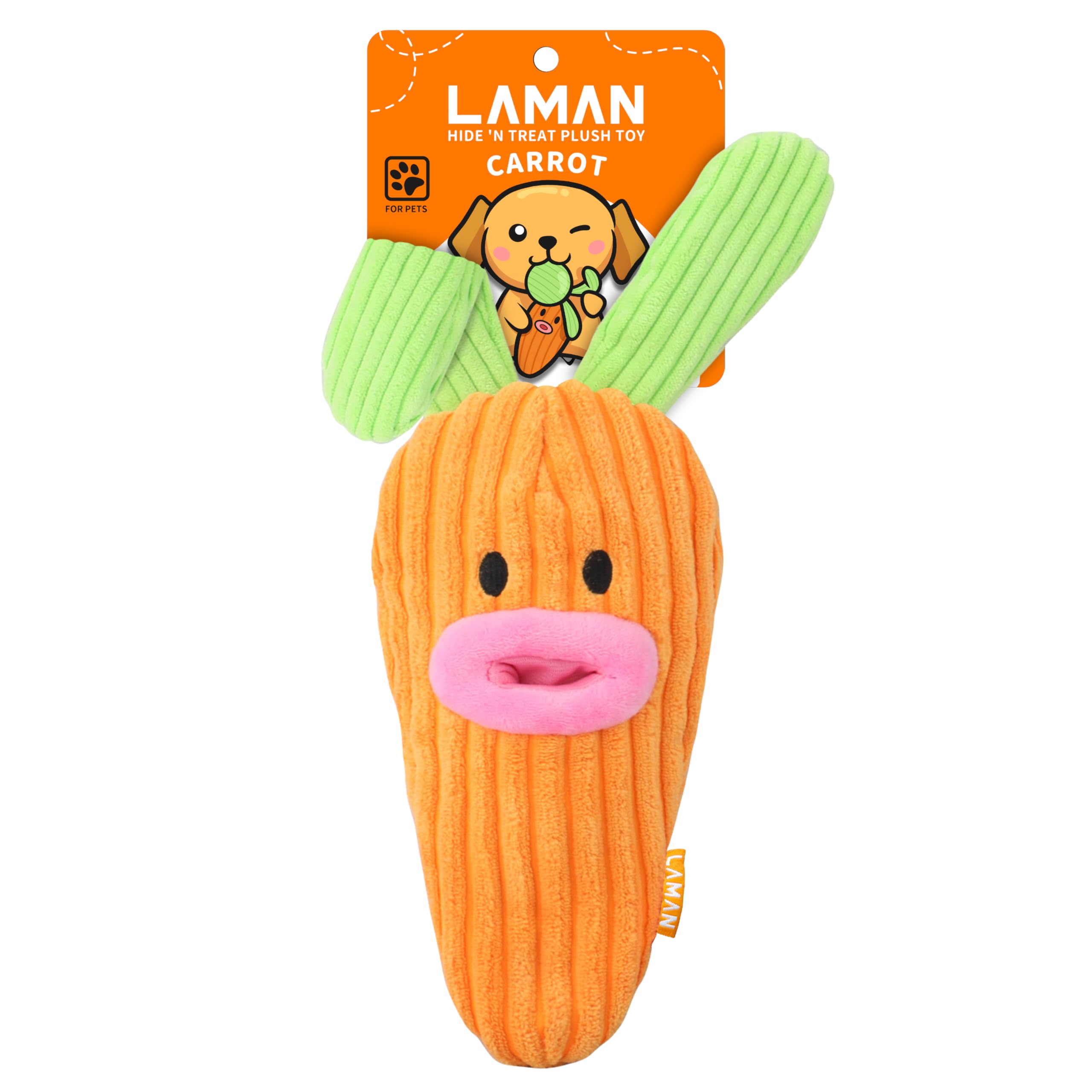 LAMAN Hide 'N Treat Carrot Plush - Interactive Dog Puzzle Toy, Squeaky & Crinkle Snuffle Dog Treat Toy for Boredom Relief & Mental Stimulation - Ideal for Small, Medium Dogs & Puppies (Bunny Carrot)