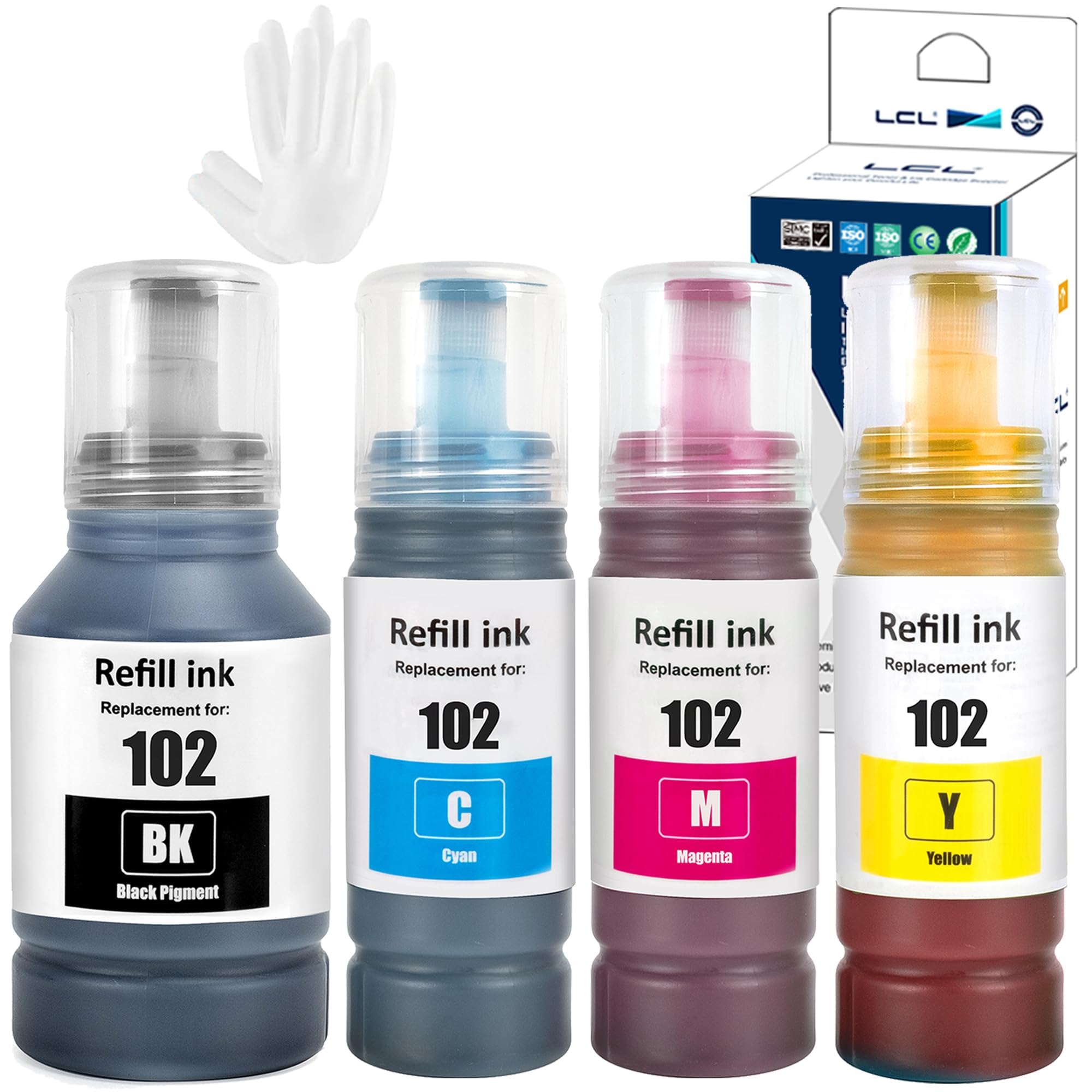 LCL 102 Ink Bottle Replacement for Epson 102 Ink Cartridges Bottle Multipack Compatible with Epson EcoTank ET-2750 ET-2751 ET-2756 ET-2850 ET-2851 ET-2856 ET-3700 ET-3850 ET-4750 ET-4850 (4 Pack)