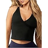 OYOANGLE Women's Criss Cross Workout Tank Top Wrap V Neck Sleeveless Fitted Yoga Gym Exercise Crop Tops