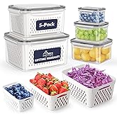 HOTEC 5-Pack Fruit Storage Container for Fridge, Food Storage Containers | Leak Proof, Removable Colander, BPA Free, Dishwasher &amp; Microwave Safe Keep Fruits Vegetables Berry Fresh longer