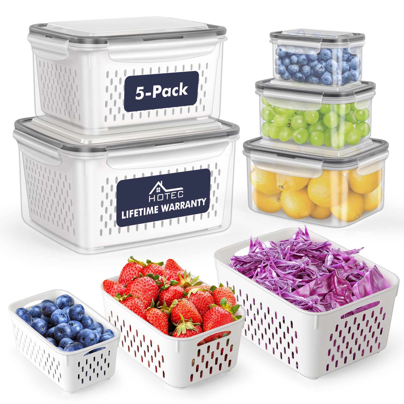 Photo 1 of *** 4-PACK / PLASTIC *** HOTEC 5-Pack Large Fruit Storage Container for Fridge Leak proof with Removable Colander, BPA Free Dishwasher & microwave safe Largest 4.15L