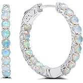 Gemstone Inside Out Hoop Earrings for Women in 925 Sterling Silver 1 Inch Diameter and 3mm Birthstone with Notched Post with Lock by MAX + STONE
