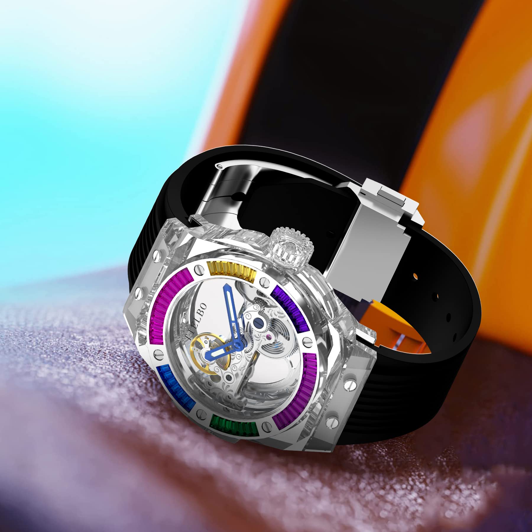 TIELBO Automatic Watches for Men,Luxury Watches for Men ,Crystal Mens Watch Skeleton Transparent Mechanical Wrist Watches Double-Sided Hollowing Waterproof Luminous Watch for Men 72H Energy Storage T711