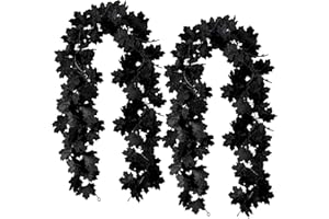 KVCSYAW Black Maple Leaf Garland, 2PCS Halloween Artificial Hanging Fall Leave Vines, Fall Floral Garlands Thanksgiving Decor for Home Wedding Party (11.8FT)