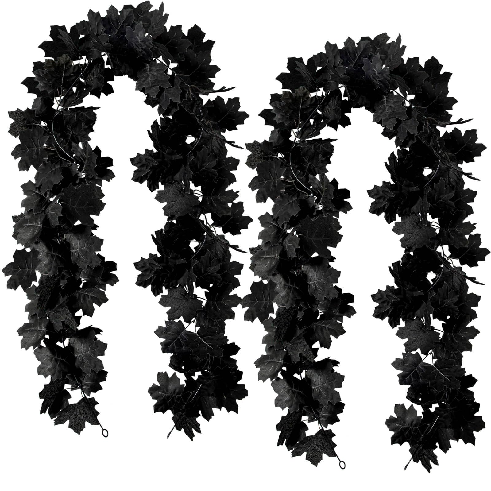 Photo 1 of Black Maple Leaf Garland, 2PCS Halloween Artificial Hanging Fall Leave Vines, Fall Floral Garlands Thanksgiving Decor for Home Wedding Party (11.8FT)