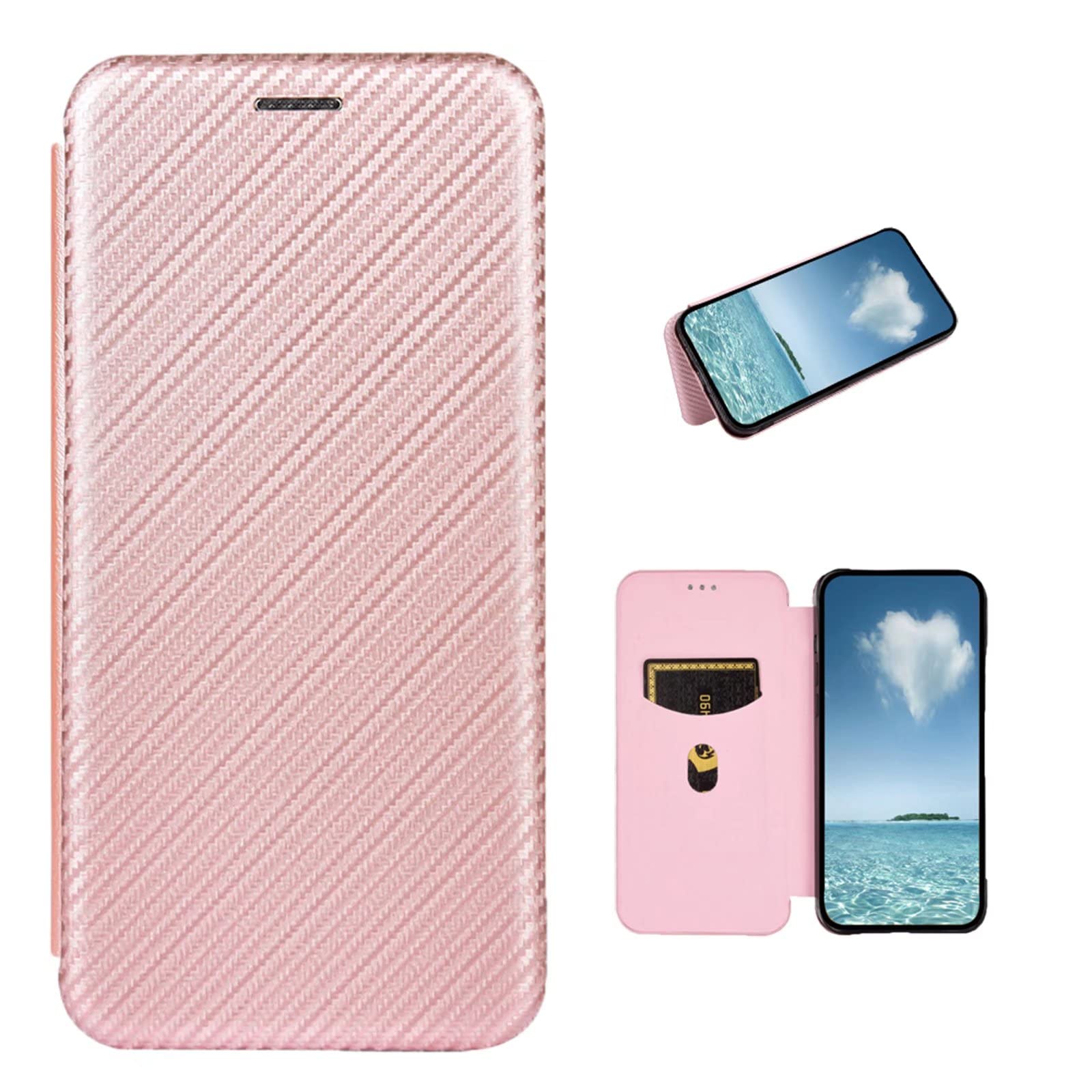 COQUE Motorola Moto G84 5G Case, Leather Flip Wallet Case with Card Slot, Carbon Fiber Leather TPU Case for Motorola Moto G84 5G-Pink