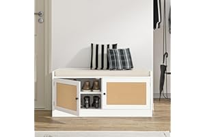 Anmytek Rattan Shoe Bench, Entryway Bench with Shoe Storage Wooden Shoe Rack Bench with Cushion Seat & Adjustable Shelves, Storage Bench for Entryway White (39.8" W X 15.7" D X 18" H)