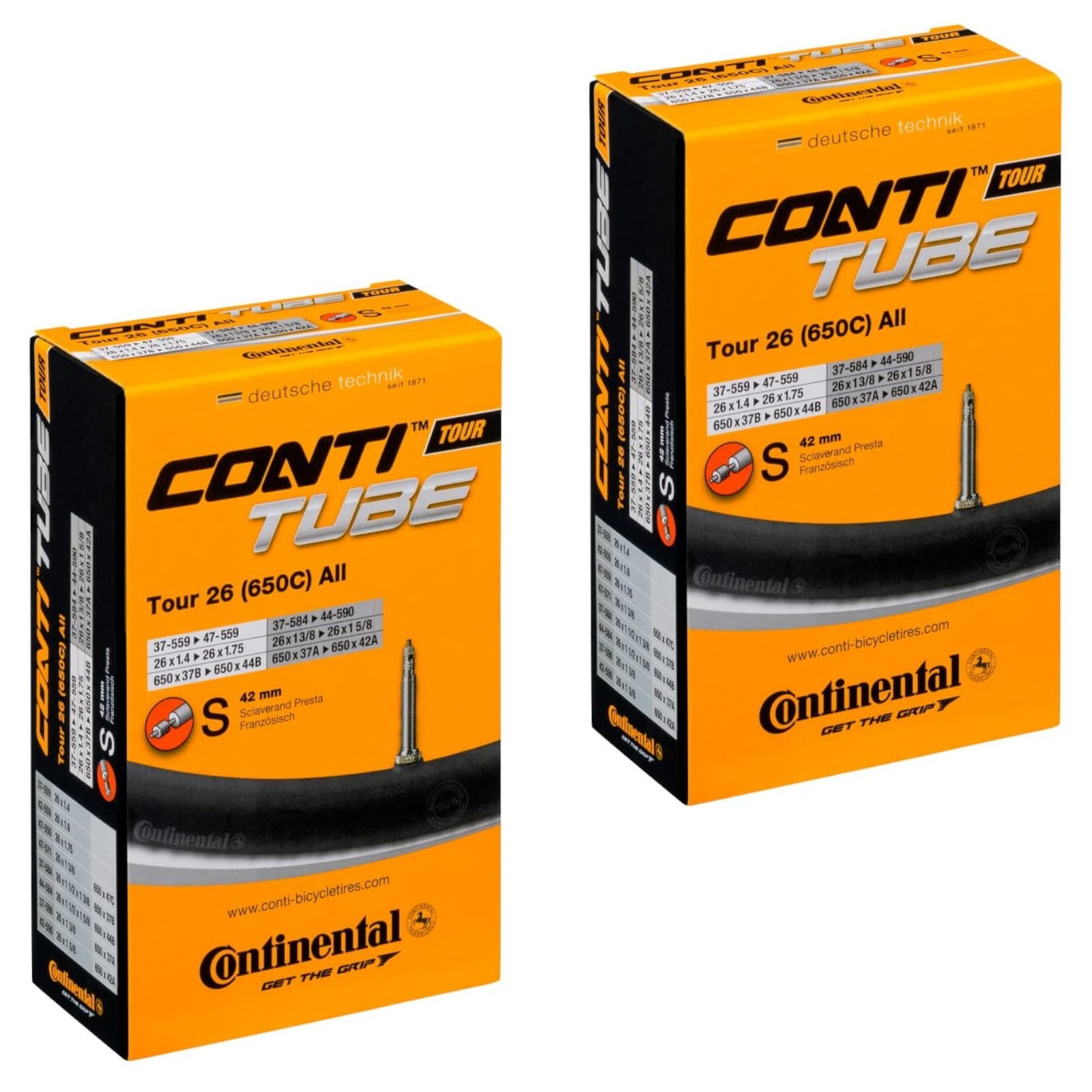Contrast Continental Tour 26" x 1.40-1.75 (26" x 1 3/8-1 5/8) Inner Tubes with 42mm Presta Valve (Pack of 2)