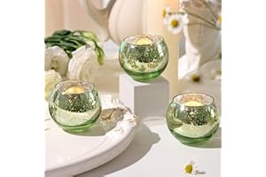 Volens Round Green Votive Candle Holders Set of 12, Green Wedding Centerpiece Table Decorations, Mercury Glass Tealight Candle Holder for Bridal Shower, Baby Shower & Home Decor