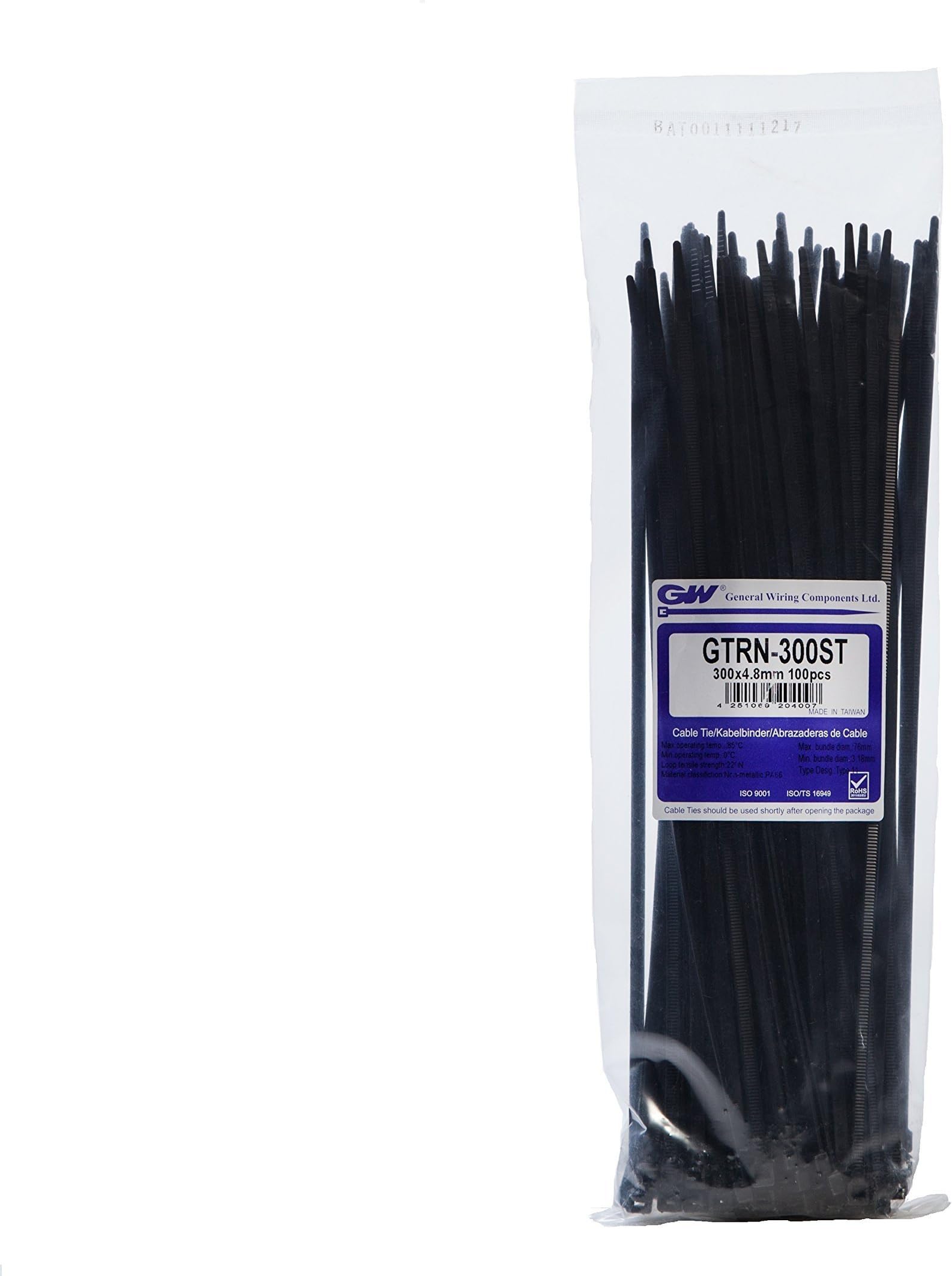 GW Wiring Products, Releasable Cable Tie 300 x 4,8 mm, Black, 100 pcs, GTRN-300STBC, Set of 100 Pieces