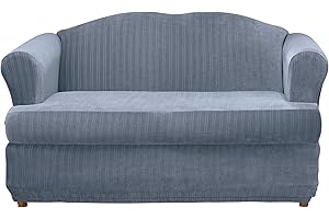 SureFit Stretch Pinstripe T-Cushion Loveseat Two Piece Slipcover, Form Fit, Polyester/Spandex, Machine Washable, French Blue Color