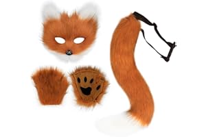Adolala Faux Fur Fox Tail Cat Wolf Set Plush Mask Fluffy Paw Gloves Halloween Christmas Party for Women