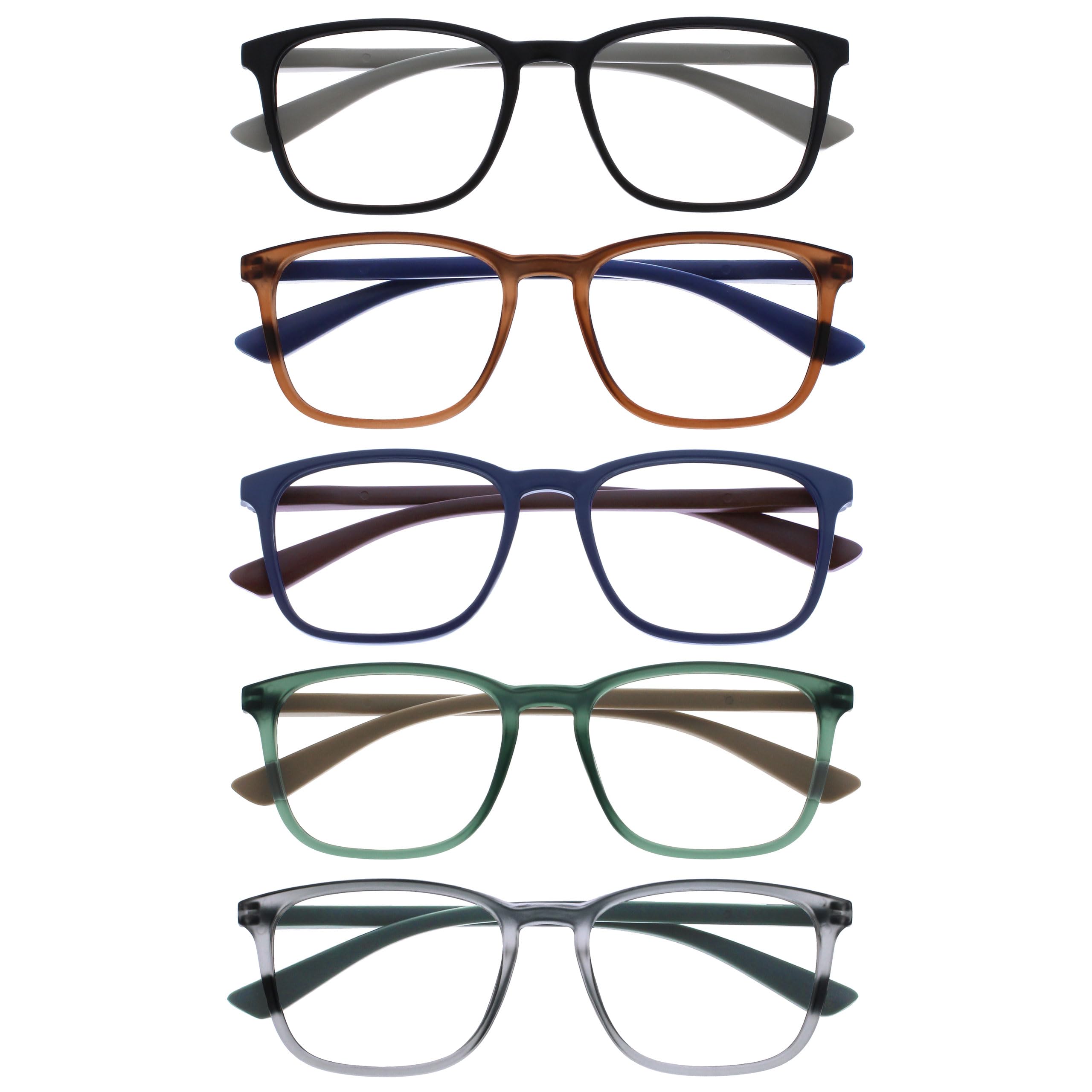 OPULIZE Max Reading Glasses 5 Pack - Classic Large Rectangular Frame - Matt Black Brown Blue Green Grey - Men's Women's - Spring Hinges - RRRRR78-12367 - +3.00