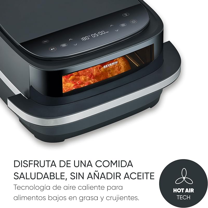 S-Fry Pizza & More Air Friyer, 10 programas automáticos de pizza e mais, distribuição ótima de calor, formato extra largo, janela de visualização, 4 L, 2100 W, preto, prateado, FR 2464